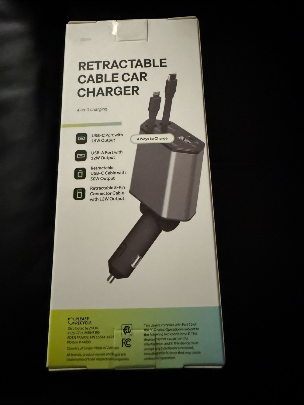 Retractable Cable Car Charger - Black